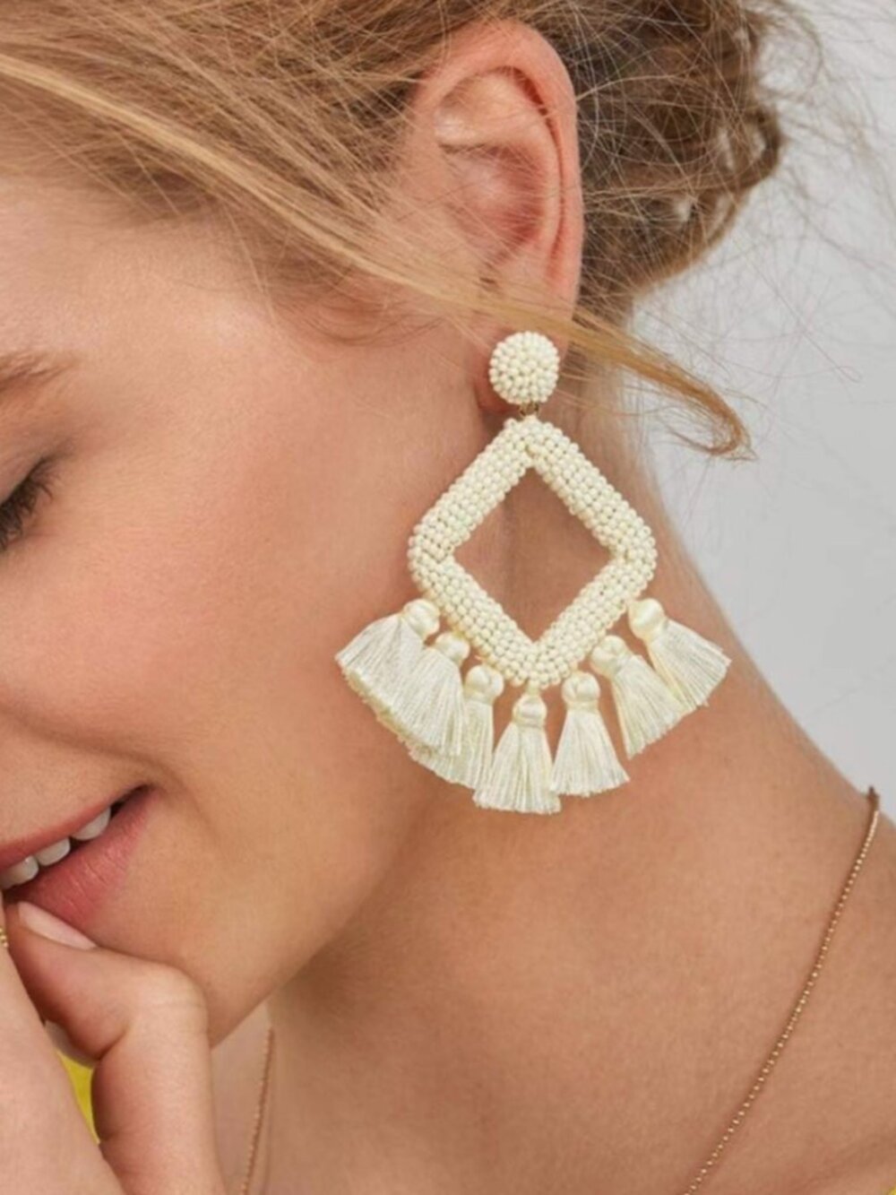Off White cream Boho Beaded tassel geometric pom drop hoop square earrings